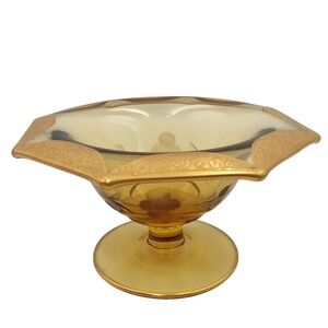 Vintage 1930 Tiffin Glass Pedestal Bowl Candy Dish Gold Trim Amber Etched Floral